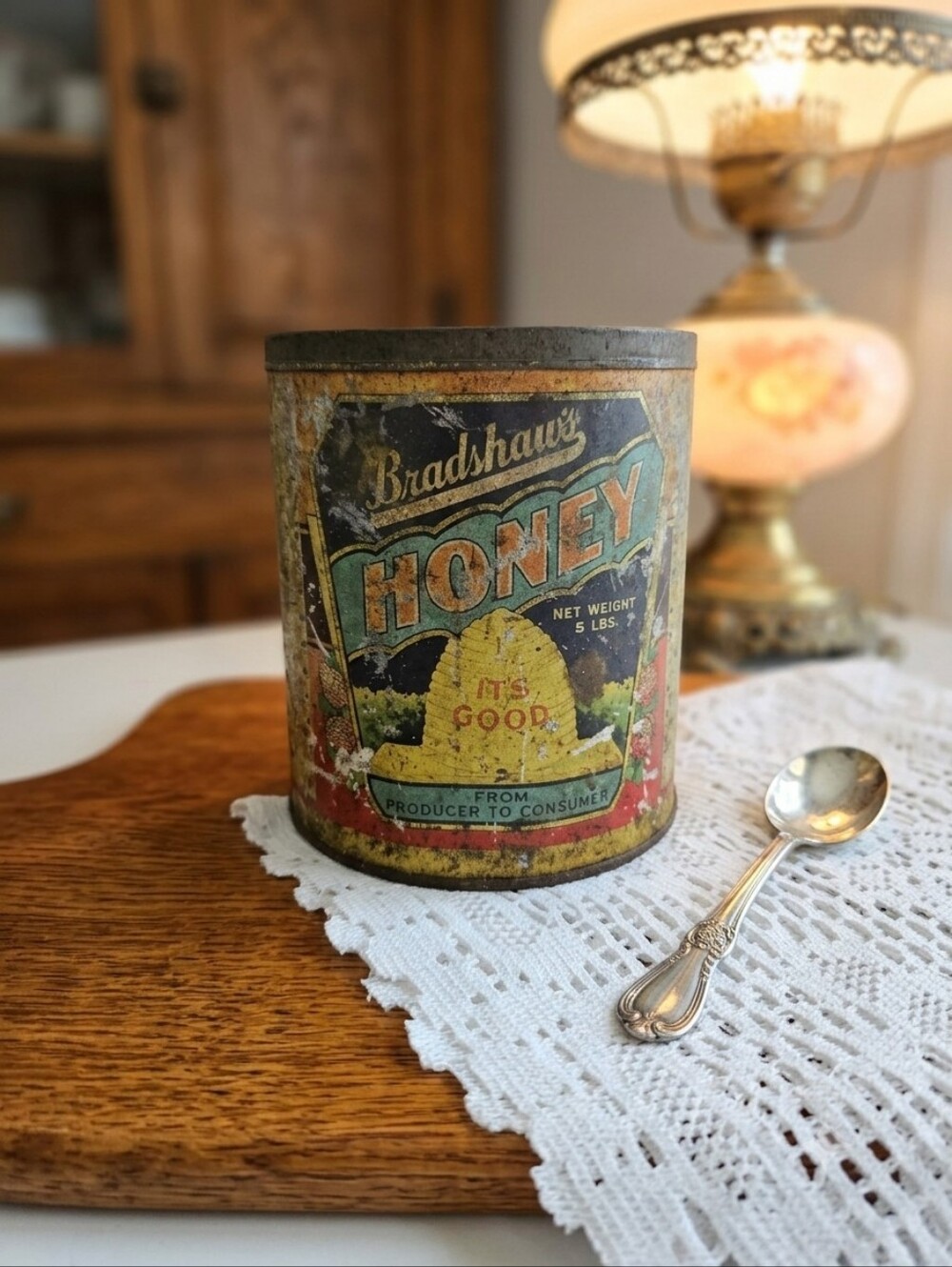 Antique 1930s Bradshaw's Honey 5 lb Tin | Rustic Farmhouse Kitchen Decor